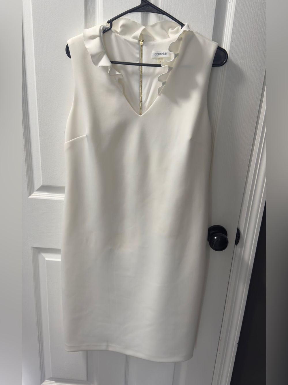Calvin Klein Cream Sleeveless Ruffle-Neck Sheath Dress